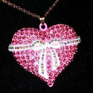 Pink and White Crystal Heart with White Ribbon Pendant Necklace